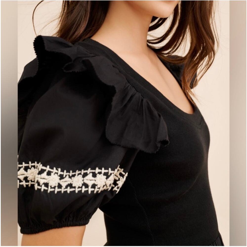 Cleobella Selma Midi Dress Black Puff Sleeve Boho Cottagecore Size Large NWT - Picture 3 of 8